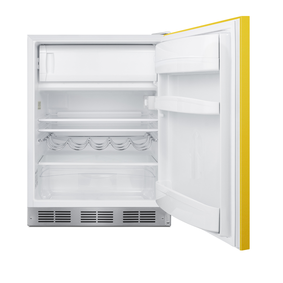 24 in. wide refrigerator-freezer for residential use with a saffron gold door, stainless steel handle, and white cabinet